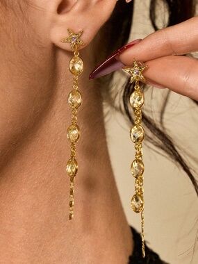 Luxe Gold Tone Rhinestone Star Long Drop Earrings